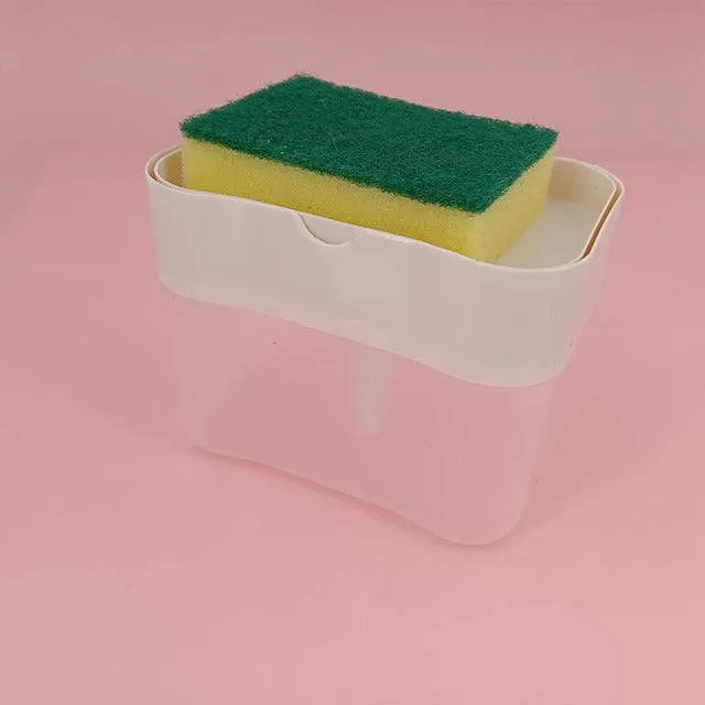 PRESS SOAP BOX. BRUSH THE POT AND WASH THE DISHES WITH ONE CLIICK