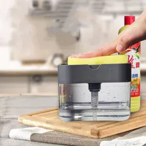 PRESS SOAP BOX. BRUSH THE POT AND WASH THE DISHES WITH ONE CLIICK