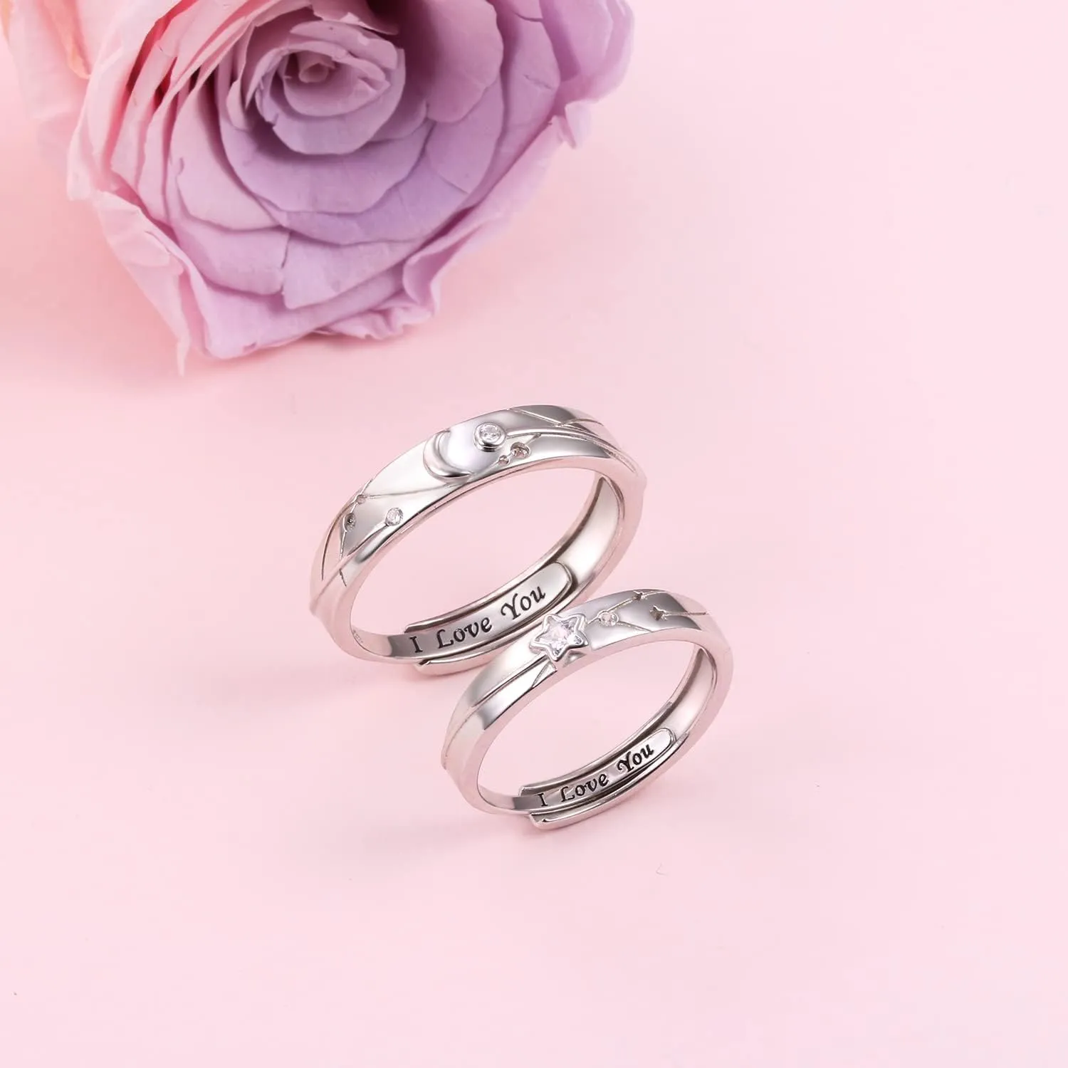 Promise Rings for Couples Sterling Silver Matching Rings for Women Adjustable Sun/Moon/Star/Heart Him and Her Rings Carved I LOVE YOU Couples Jewelry Gift for Men Women