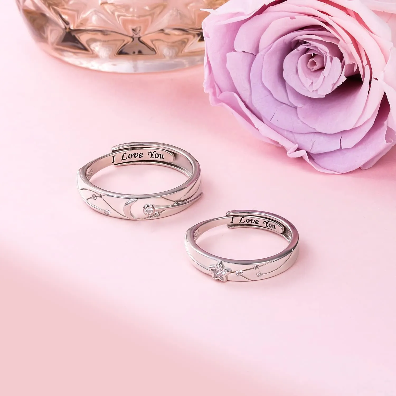 Promise Rings for Couples Sterling Silver Matching Rings for Women Adjustable Sun/Moon/Star/Heart Him and Her Rings Carved I LOVE YOU Couples Jewelry Gift for Men Women