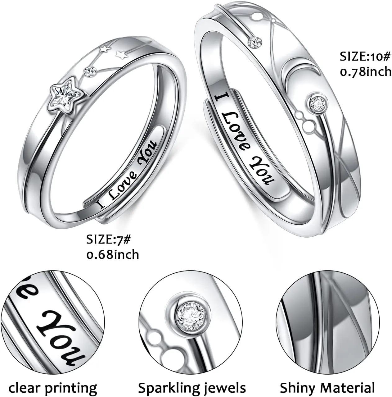 Promise Rings for Couples Sterling Silver Matching Rings for Women Adjustable Sun/Moon/Star/Heart Him and Her Rings Carved I LOVE YOU Couples Jewelry Gift for Men Women