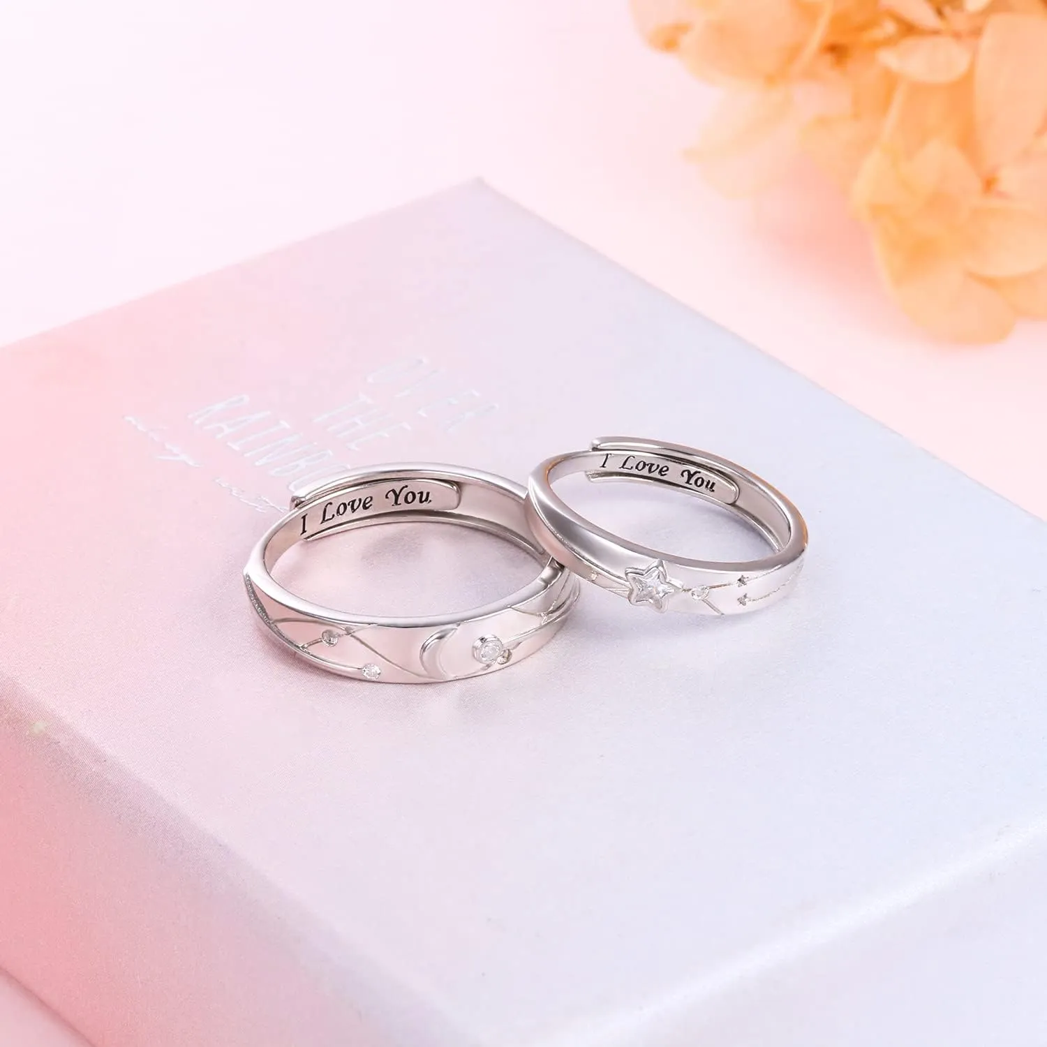 Promise Rings for Couples Sterling Silver Matching Rings for Women Adjustable Sun/Moon/Star/Heart Him and Her Rings Carved I LOVE YOU Couples Jewelry Gift for Men Women