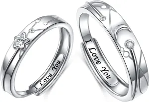 Promise Rings for Couples Sterling Silver Matching Rings for Women Adjustable Sun/Moon/Star/Heart Him and Her Rings Carved I LOVE YOU Couples Jewelry Gift for Men Women