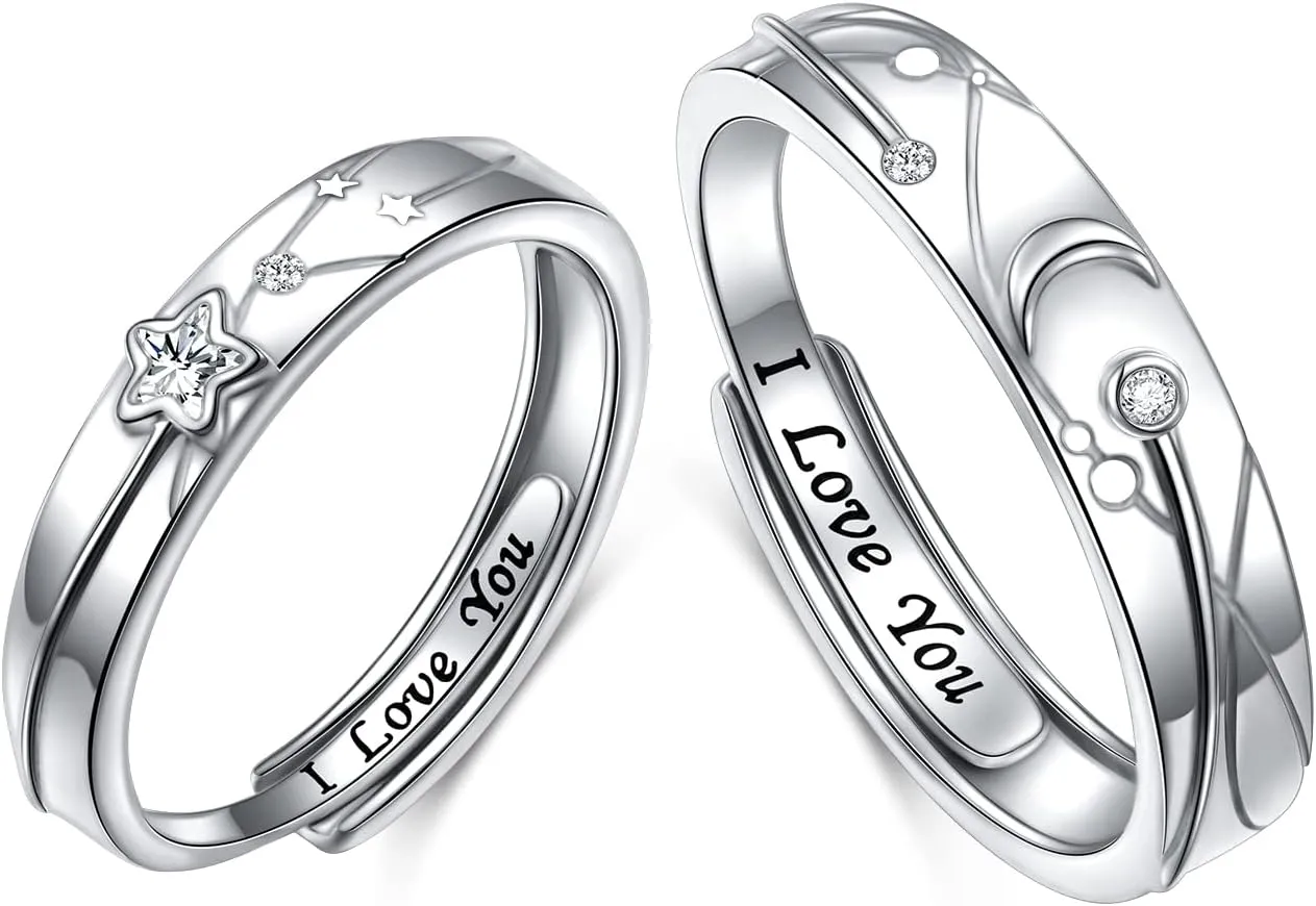 Promise Rings for Couples Sterling Silver Matching Rings for Women Adjustable Sun/Moon/Star/Heart Him and Her Rings Carved I LOVE YOU Couples Jewelry Gift for Men Women