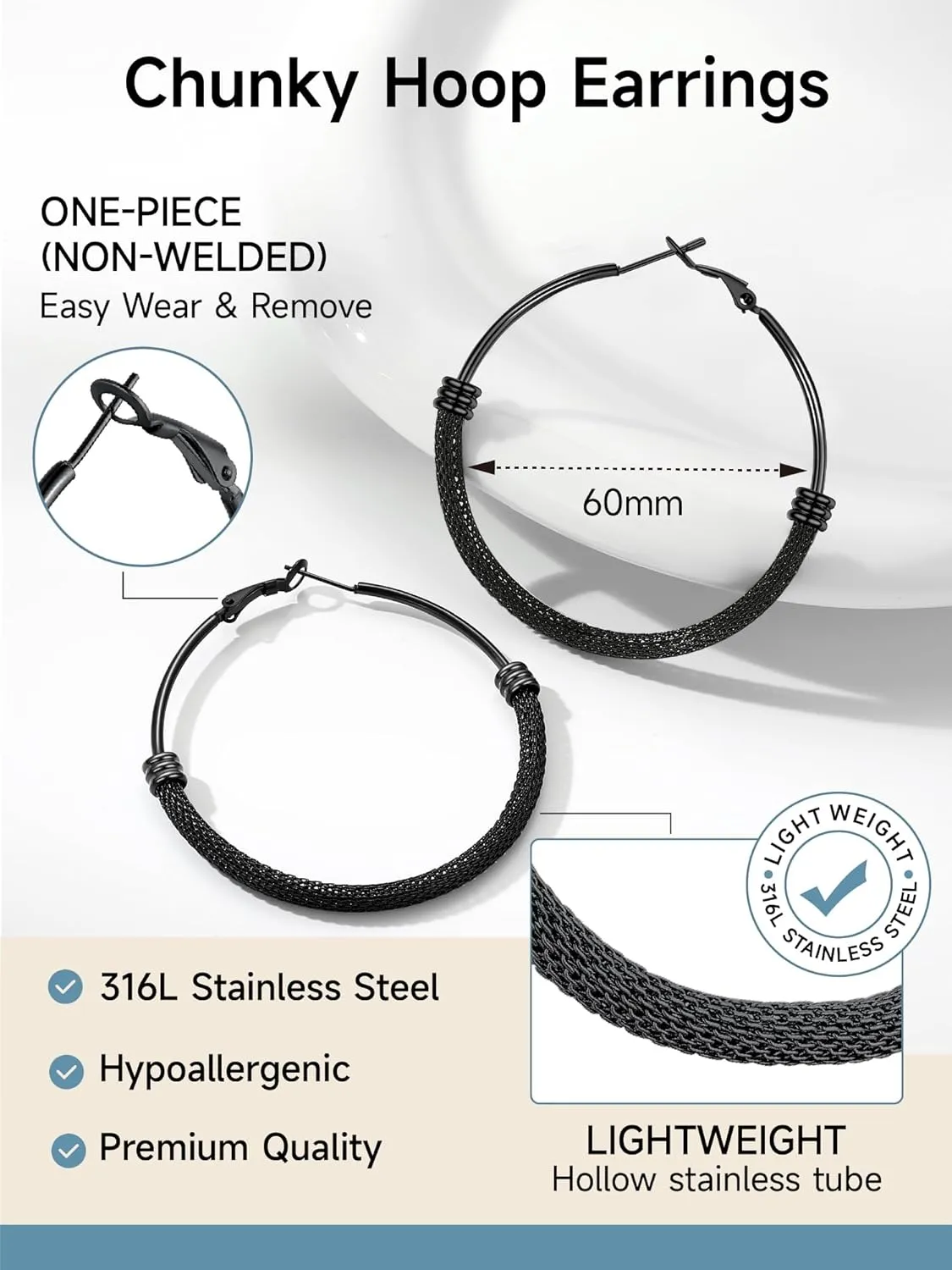 PROSTEEL Chunky Hoop Earrings For Women, 20mm/30mm/40mm/60mm/80mm/100mm, Gold Plated/Black Stainless Steel Hoops Earrings Statement Jewelry