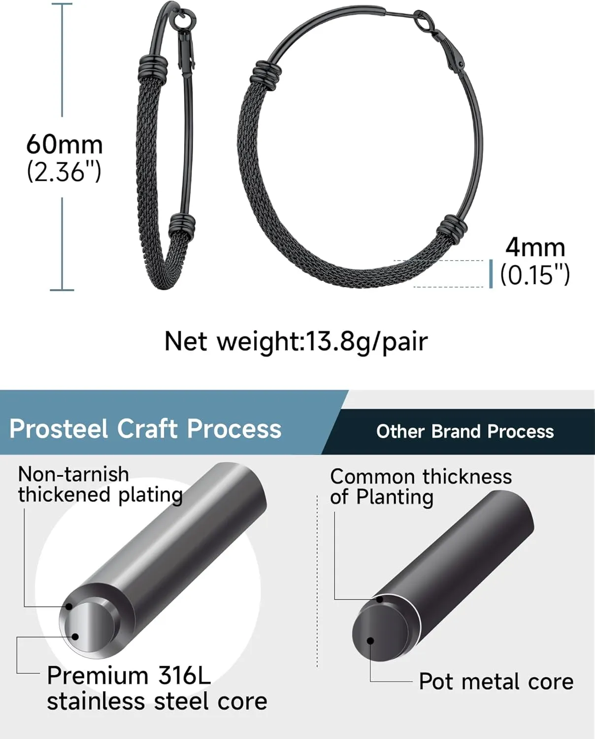 PROSTEEL Chunky Hoop Earrings For Women, 20mm/30mm/40mm/60mm/80mm/100mm, Gold Plated/Black Stainless Steel Hoops Earrings Statement Jewelry