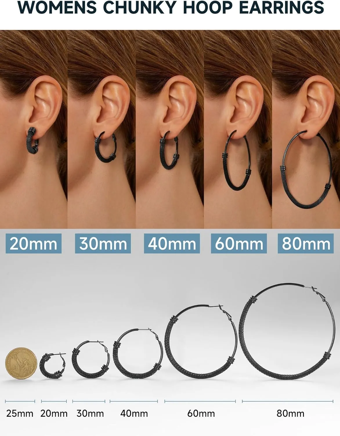 PROSTEEL Chunky Hoop Earrings For Women, 20mm/30mm/40mm/60mm/80mm/100mm, Gold Plated/Black Stainless Steel Hoops Earrings Statement Jewelry