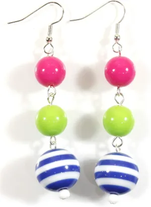 "Strawberry Lime", Hot Pink, Lime Green and Cobalt Blue Chunky Striped Earrings, Dangle 2.7 Inches