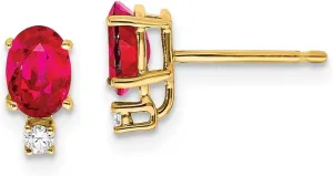 Real 14k Yellow Gold 6x4mm Oval Ruby Diamond Studs Earrings - 9mm x 4mm (.04 cttw.)