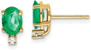 Real 14k Yellow Gold 7x5mm Oval Emerald Green May Gemstone Diamond Studs Earrings - 10mm x 5mm (.056 cttw.)