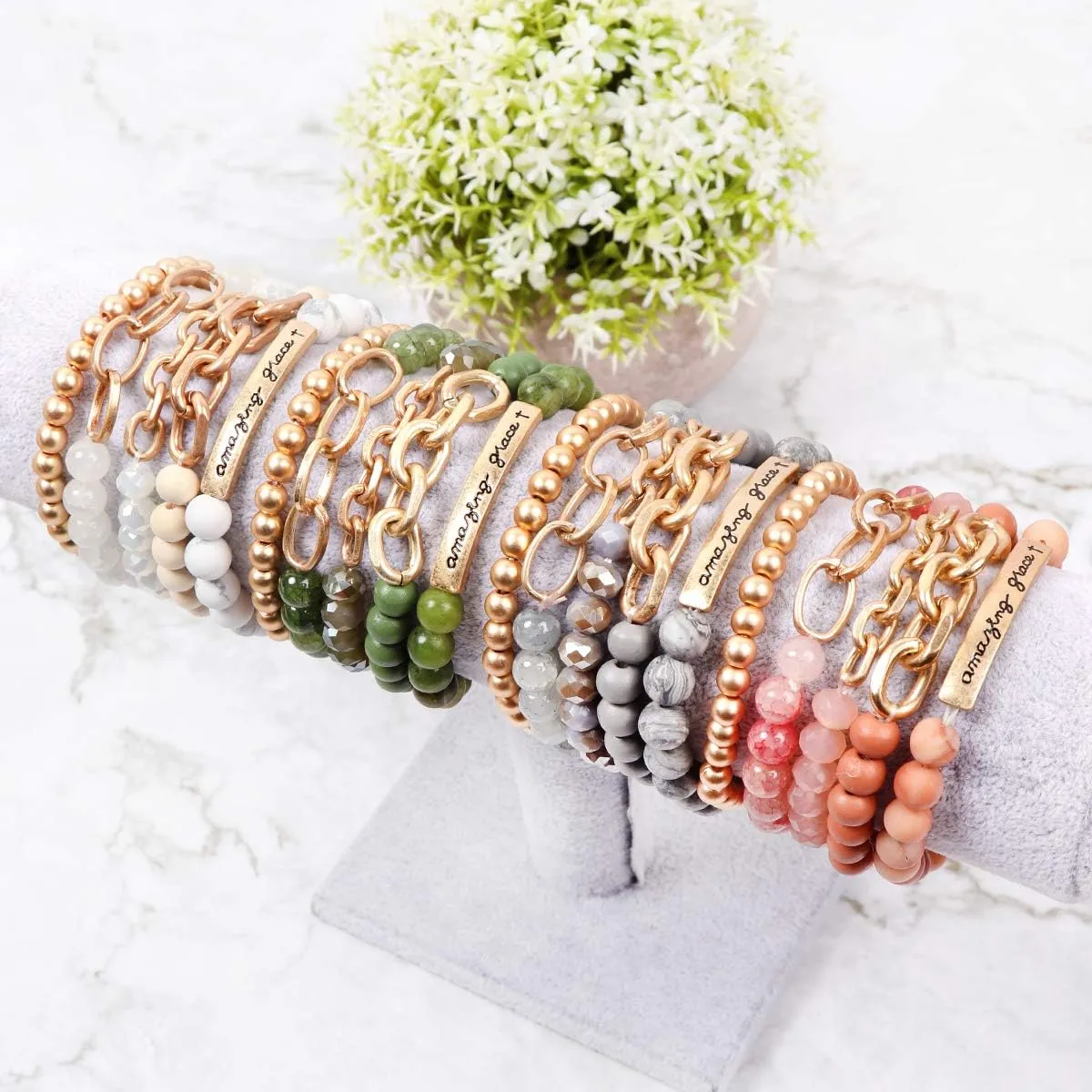 RIAH FASHION Inspirational Message Stretch Prayer Bead Bracelet - Christian Bible Cuff Blessed, Faith, Love, Hope Natural Stone, Multi Layer Stacking Strand Bangle Set