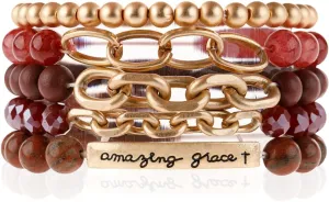 RIAH FASHION Inspirational Message Stretch Prayer Bead Bracelet - Christian Bible Cuff Blessed, Faith, Love, Hope Natural Stone, Multi Layer Stacking Strand Bangle Set