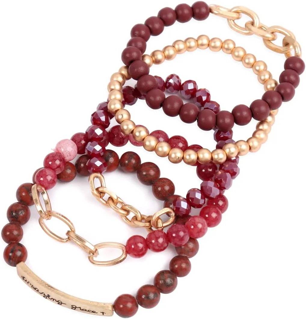 RIAH FASHION Inspirational Message Stretch Prayer Bead Bracelet - Christian Bible Cuff Blessed, Faith, Love, Hope Natural Stone, Multi Layer Stacking Strand Bangle Set