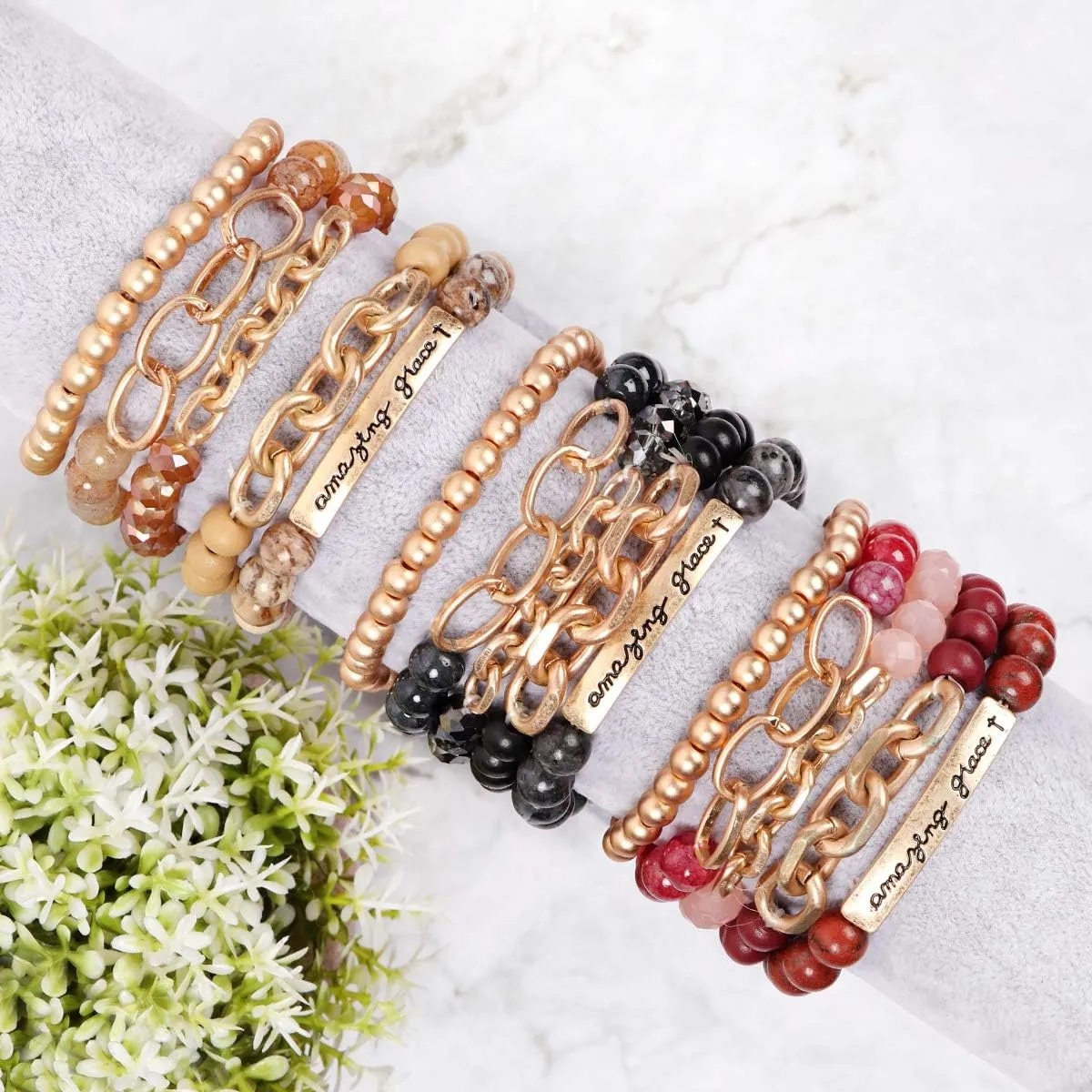 RIAH FASHION Inspirational Message Stretch Prayer Bead Bracelet - Christian Bible Cuff Blessed, Faith, Love, Hope Natural Stone, Multi Layer Stacking Strand Bangle Set