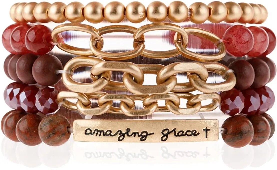 RIAH FASHION Inspirational Message Stretch Prayer Bead Bracelet - Christian Bible Cuff Blessed, Faith, Love, Hope Natural Stone, Multi Layer Stacking Strand Bangle Set