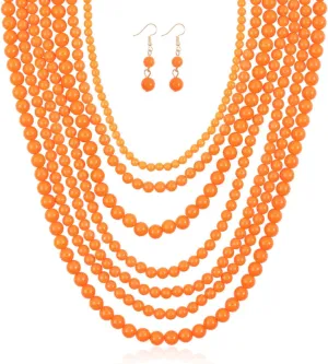 RIAH FASHION Multi Beaded Bubble Statement Necklace - Round Ball Chunky Drape Bib Collar Marbled, 7 Layer Long