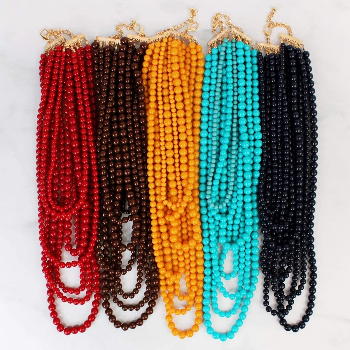 RIAH FASHION Multi Beaded Bubble Statement Necklace - Round Ball Chunky Drape Bib Collar Marbled, 7 Layer Long