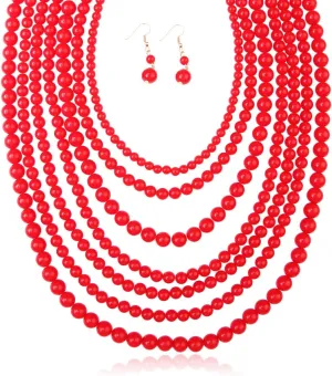 RIAH FASHION Multi Layer Beaded Strand Bubble Statement Necklace - Round Ball Chunky Drape Bib Collar 7 Strands