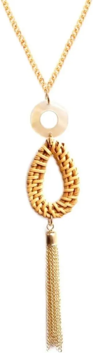 Roe Dolph Rattan Necklace for Women Long Tassel Straw Wicker Rattan Pendant Necklace Braid Round Triangle Teardro Handmade Y Shaped Sweater Chain