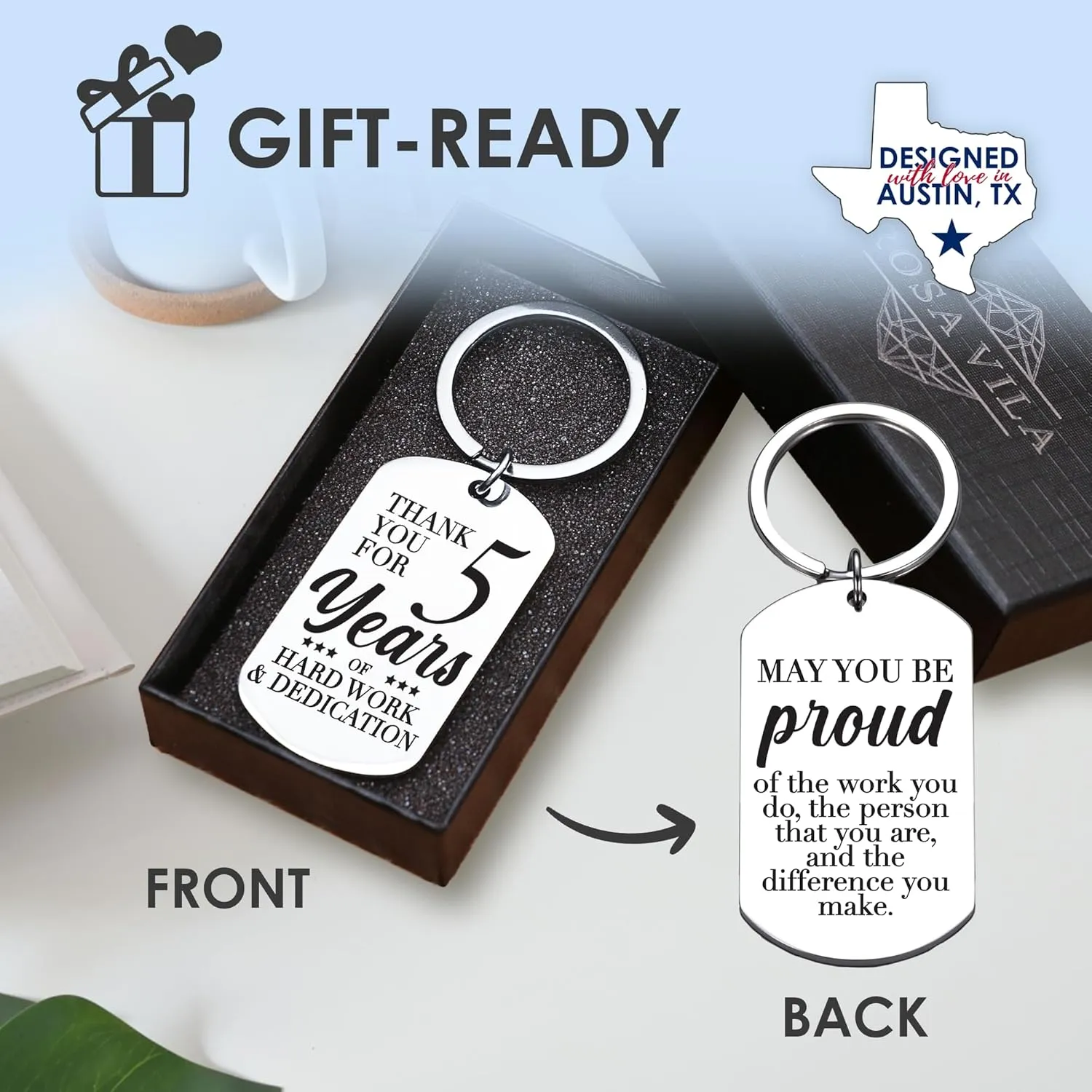Rosa Vila Work Anniversary Keychain, Employee Gift for Work Anniversary, Coworker, 1-Year, 5-Year, 10-Year, 20-Year