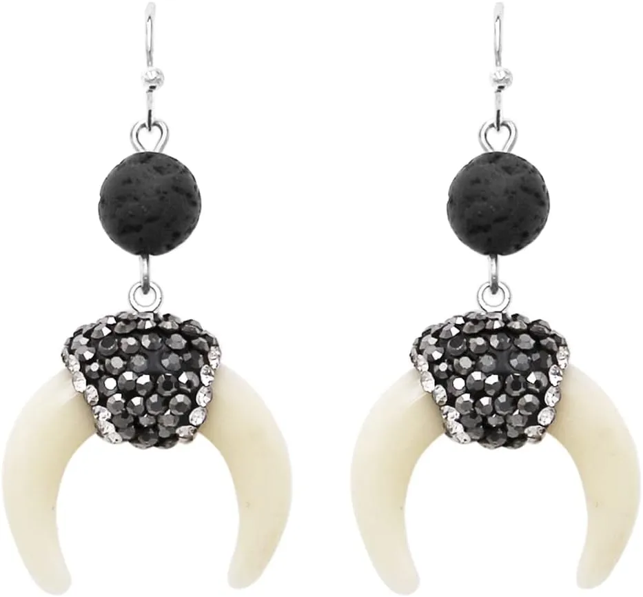 Rosemarie & Jubalee Women's Western Steer Horn With Lava Stone And Crystals Dangle Earrings, 1.75"