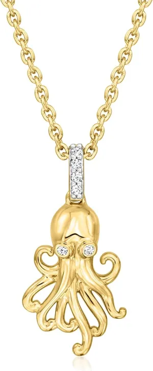 Ross-Simons 18kt Gold Over Sterling Octopus Pendant Necklace With Diamonds. 18 inches
