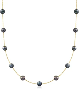 Ross-Simons 6-6.5mm Black Cultured Pearl Station Necklace in 14kt Yellow Gold