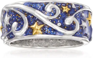 Ross-Simons Glittery Blue Enamel Celestial Ring in 2-Tone Sterling Silver