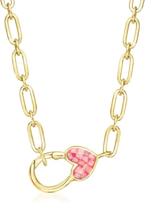 Ross-Simons Moonstone and Pink Resin Inlay Heart Lobster Clasp Necklace in 18kt Gold Over Sterling