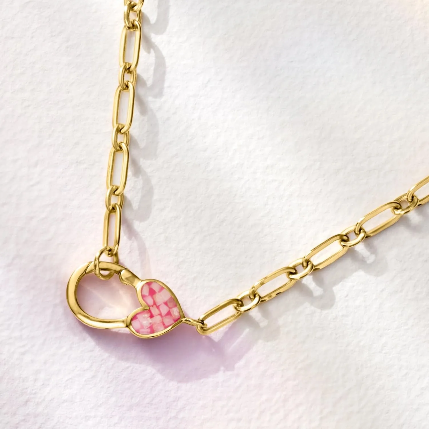 Ross-Simons Moonstone and Pink Resin Inlay Heart Lobster Clasp Necklace in 18kt Gold Over Sterling