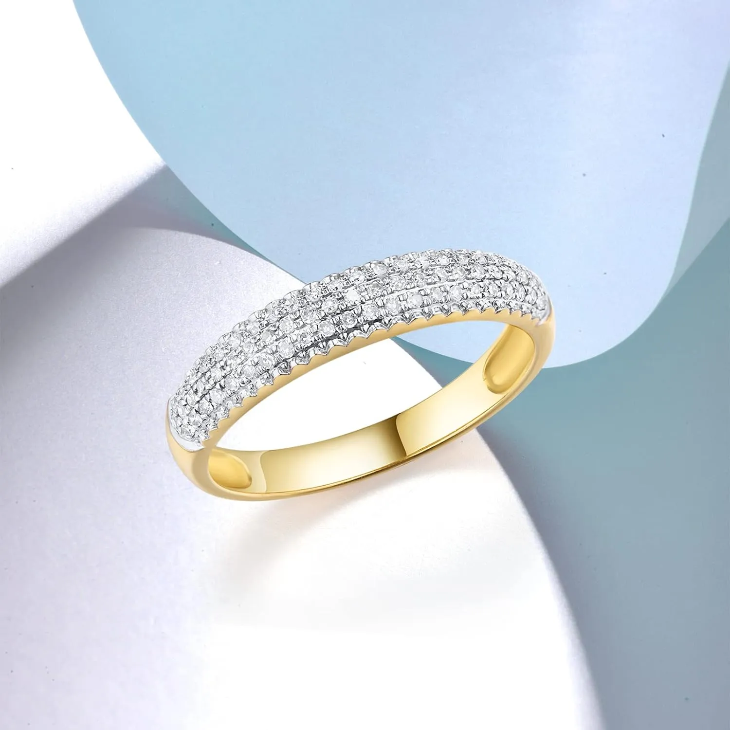 Santuzza 10K Yellow Solid Gold 3-Row Pave 0.2 ct Genuine Diamond Dainty Statement Ring for Women