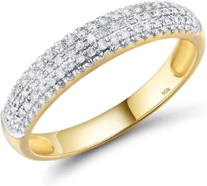 Santuzza 10K Yellow Solid Gold 3-Row Pave 0.2 ct Genuine Diamond Dainty Statement Ring for Women