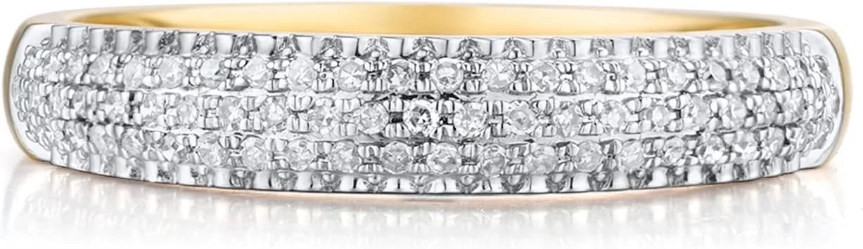 Santuzza 10K Yellow Solid Gold 3-Row Pave 0.2 ct Genuine Diamond Dainty Statement Ring for Women