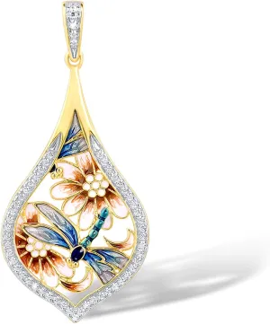 Santuzza 14K Gold Plating Dragonfly Cubic Zirconia Enamel Silver Pendant for Women