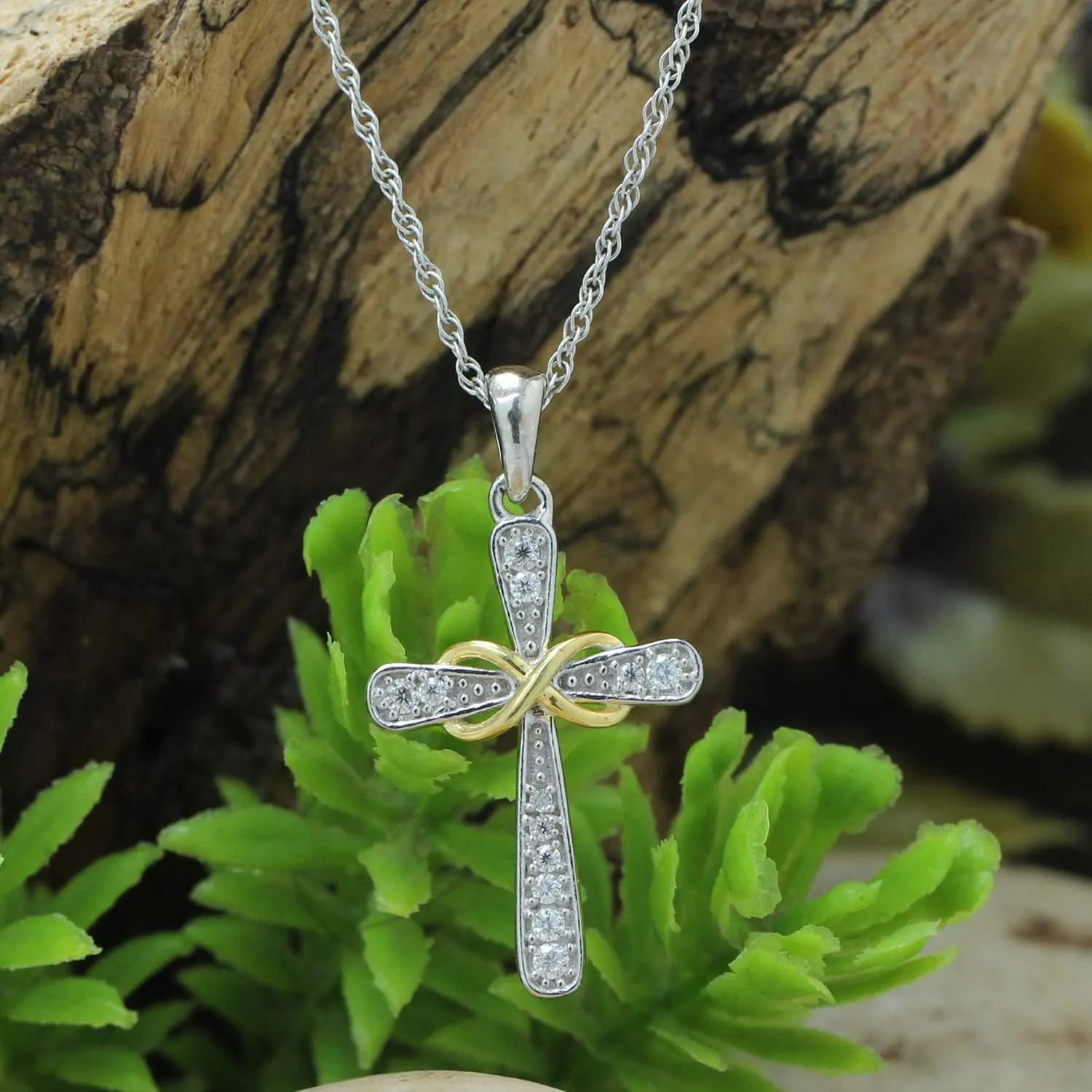SAVEARTH DIAMONDS 1/10 Carat Lab Created Moissanite Diamond Cross Necklace 14k Gold Plated 925 Sterling Silver Infinity Pendant Religious Jewelry Christian Baptism Gift (0.10 Cttw, Color- G-H, VVS1) Jewelry for Women