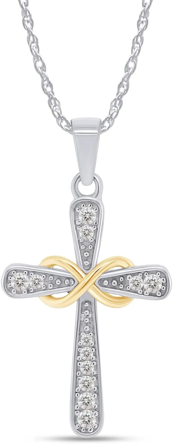 SAVEARTH DIAMONDS 1/10 Carat Lab Created Moissanite Diamond Cross Necklace 14k Gold Plated 925 Sterling Silver Infinity Pendant Religious Jewelry Christian Baptism Gift (0.10 Cttw, Color- G-H, VVS1) Jewelry for Women