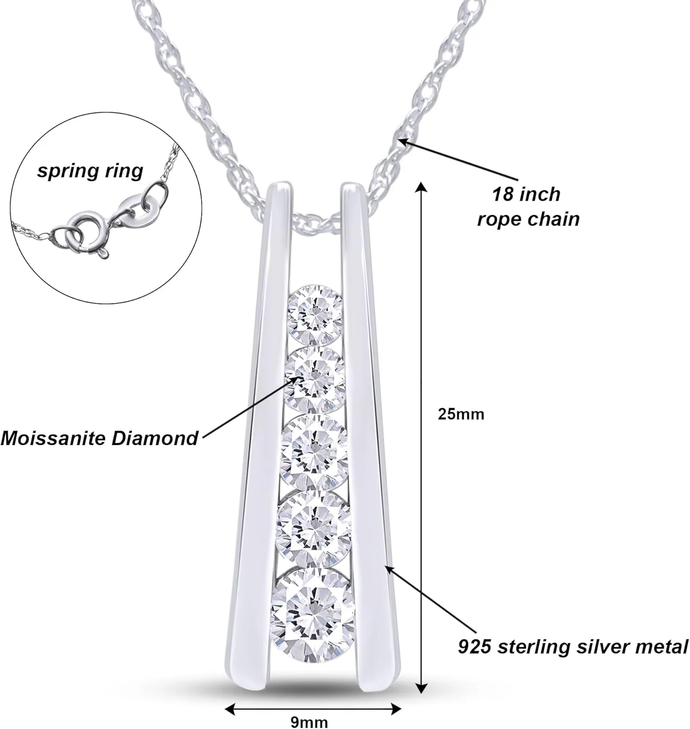 SAVEARTH DIAMONDS 1.25 Carat Lab Created Moissanite & Lab Grown Diamond Five Stone Journey Bar Pendant Necklace In 14k Gold Over Sterling Silver Jewelry With 18" Chain, Gift For Her