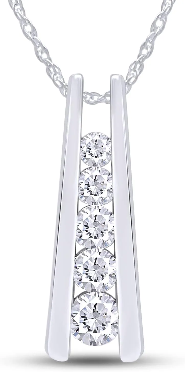 SAVEARTH DIAMONDS 1.25 Carat Lab Created Moissanite & Lab Grown Diamond Five Stone Journey Bar Pendant Necklace In 14k Gold Over Sterling Silver Jewelry With 18" Chain, Gift For Her