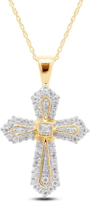 SAVEARTH DIAMONDS 1/4 Cttw Round Cut Lab Created Moissanite Diamond Cross Pendant Necklace In 14K Gold Over Sterling Silver Jewelry For Women With 18" Chain (VVS1 Clarity, 0.25 Cttw)