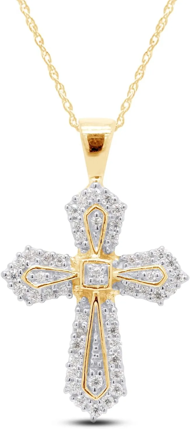 SAVEARTH DIAMONDS 1/4 Cttw Round Cut Lab Created Moissanite Diamond Cross Pendant Necklace In 14K Gold Over Sterling Silver Jewelry For Women With 18" Chain (VVS1 Clarity, 0.25 Cttw)