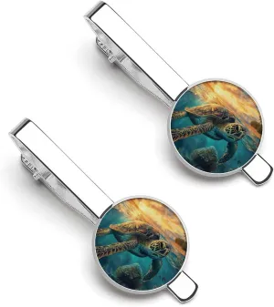 Sea Turtles Ocean Men's Tie Clips Shirt Necktie Bar Pinch Silver Tack Pins Cufflinks Mens Suit Tie Accessories