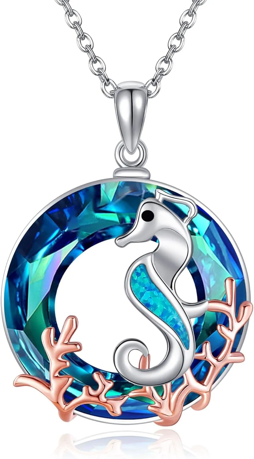 Seahorse Necklace 925 Sterling Silver Crystal Seahorse Pendant Ocean Necklace Sea Life Jewelry Gifts for Women