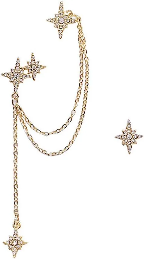SEVENSTONE Sterling Silver Star Tassel Earrings Long Dangle Wrap Cuff Threader Crawler Earrings Dangling Chain for Women