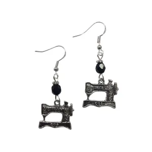 Sewer, Quilter, Sew, Sewing Machine Charm Earrings, with a jet faceted crystal accent bead, on sterling silver earwires