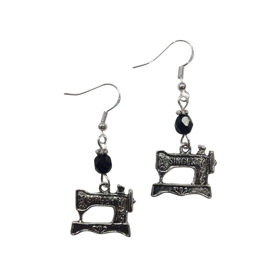 Sewer, Quilter, Sew, Sewing Machine Charm Earrings, with a jet faceted crystal accent bead, on sterling silver earwires