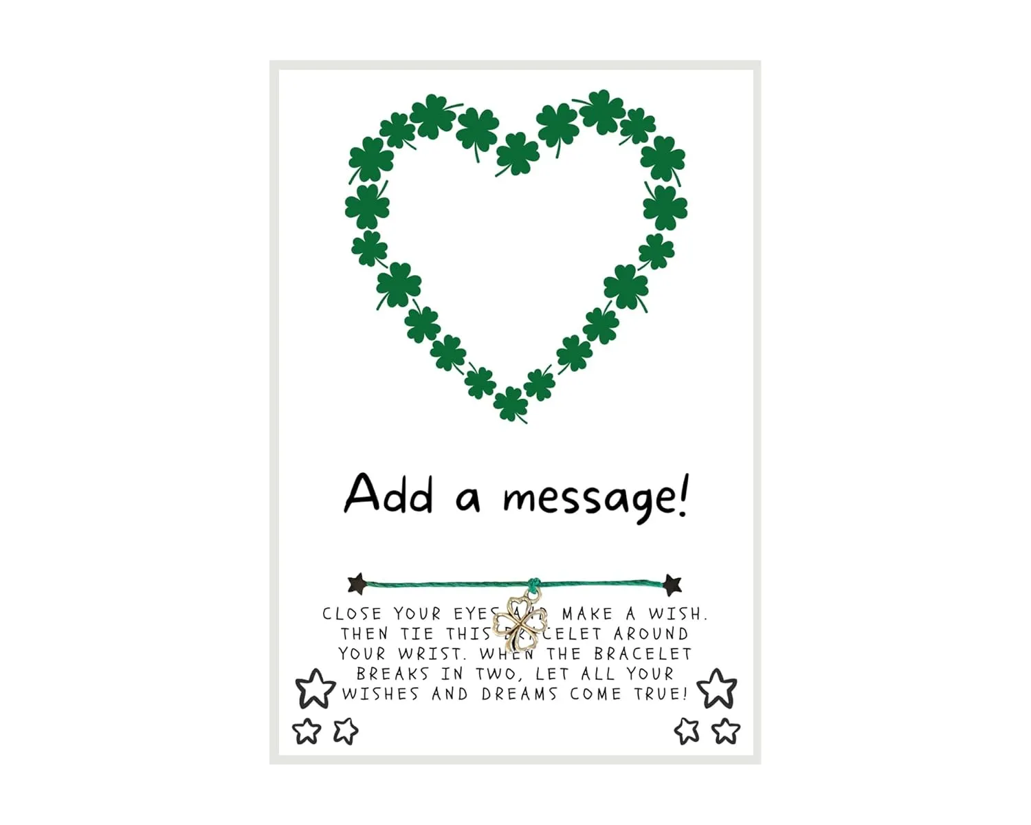 Shamrocks Shaped into a Heart St. Patrick's Day Wish, Wish Bracelet, Holiday Party Favor, Thank You, St. Patrick's Day WIsh Bracelet, Co-Worker Gift, Friendship Wish Bracelet - Personalize Card