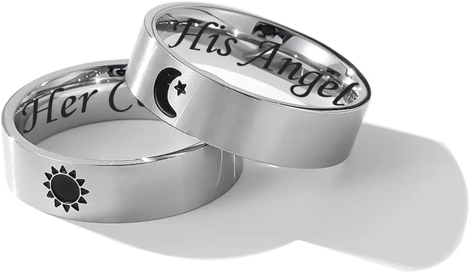 SHNIAN His and Hers Sun and Moon Matching Rings Couples Rings Stainless Steel Custom Engraved Wedding Engagement Anniversary Promise Ring Bridal Sets Gift US Size 6 to12