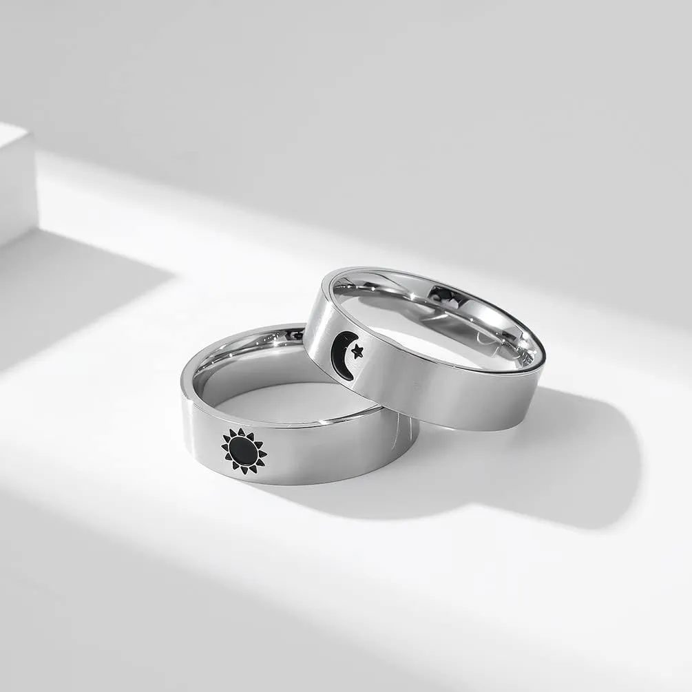 SHNIAN His and Hers Sun and Moon Matching Rings Couples Rings Stainless Steel Custom Engraved Wedding Engagement Anniversary Promise Ring Bridal Sets Gift US Size 6 to12