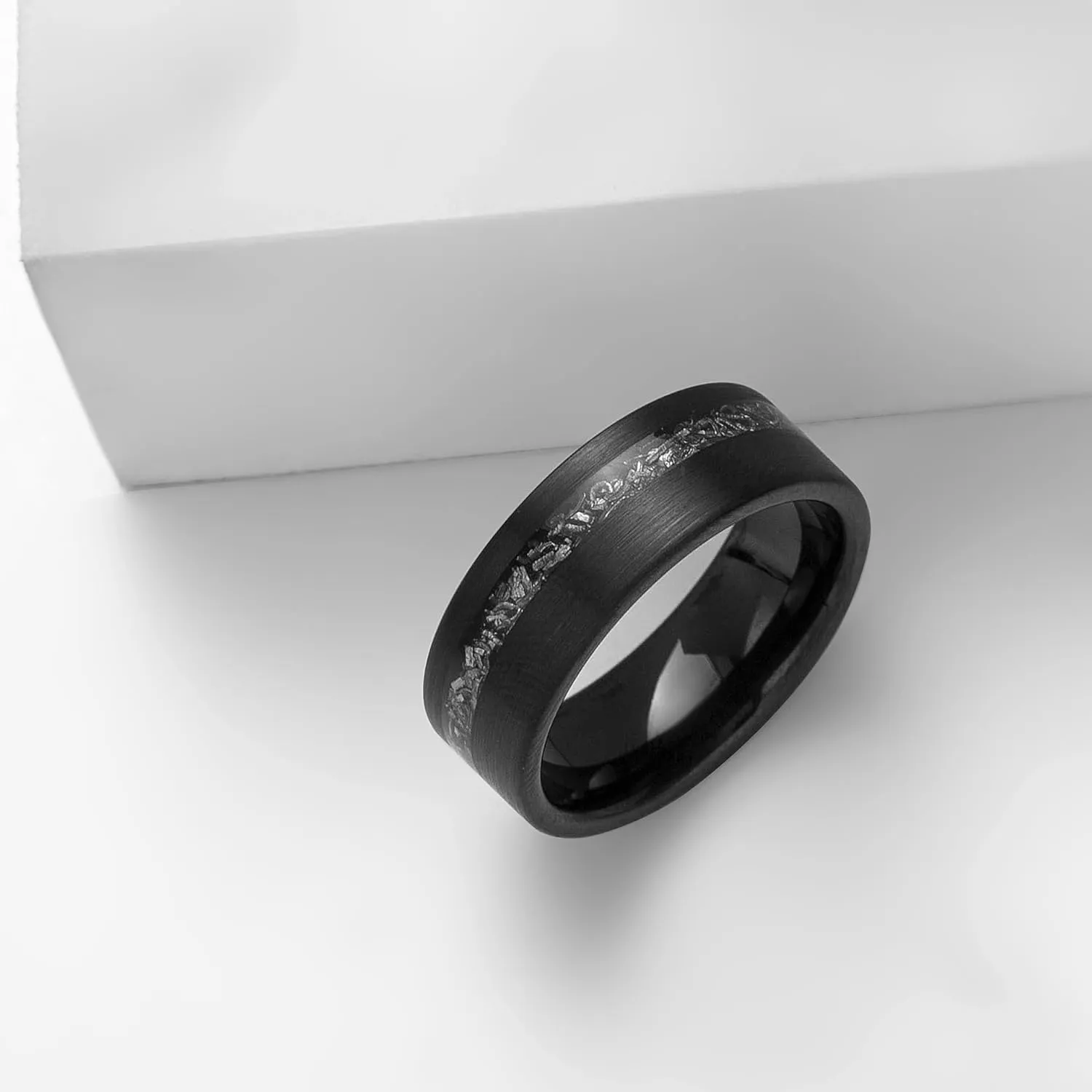 SHNIAN Judaism Hebrew Religious Tungsten Carbide Black Meteorite Silver Foil Inlay Ring Statement Band Rings for Men Free Engraved Promise Ring High Polish, Size 6 to 12