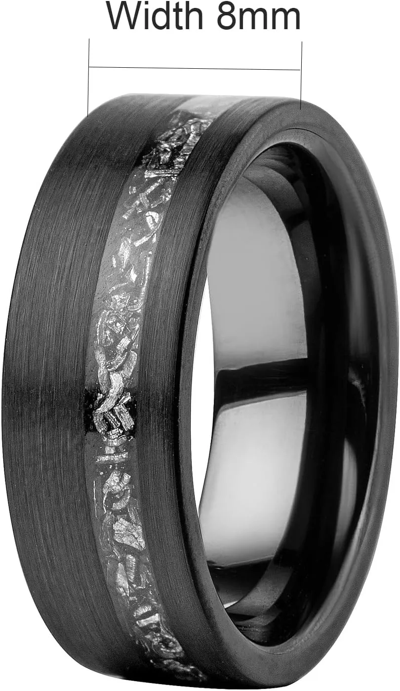 SHNIAN Judaism Hebrew Religious Tungsten Carbide Black Meteorite Silver Foil Inlay Ring Statement Band Rings for Men Free Engraved Promise Ring High Polish, Size 6 to 12